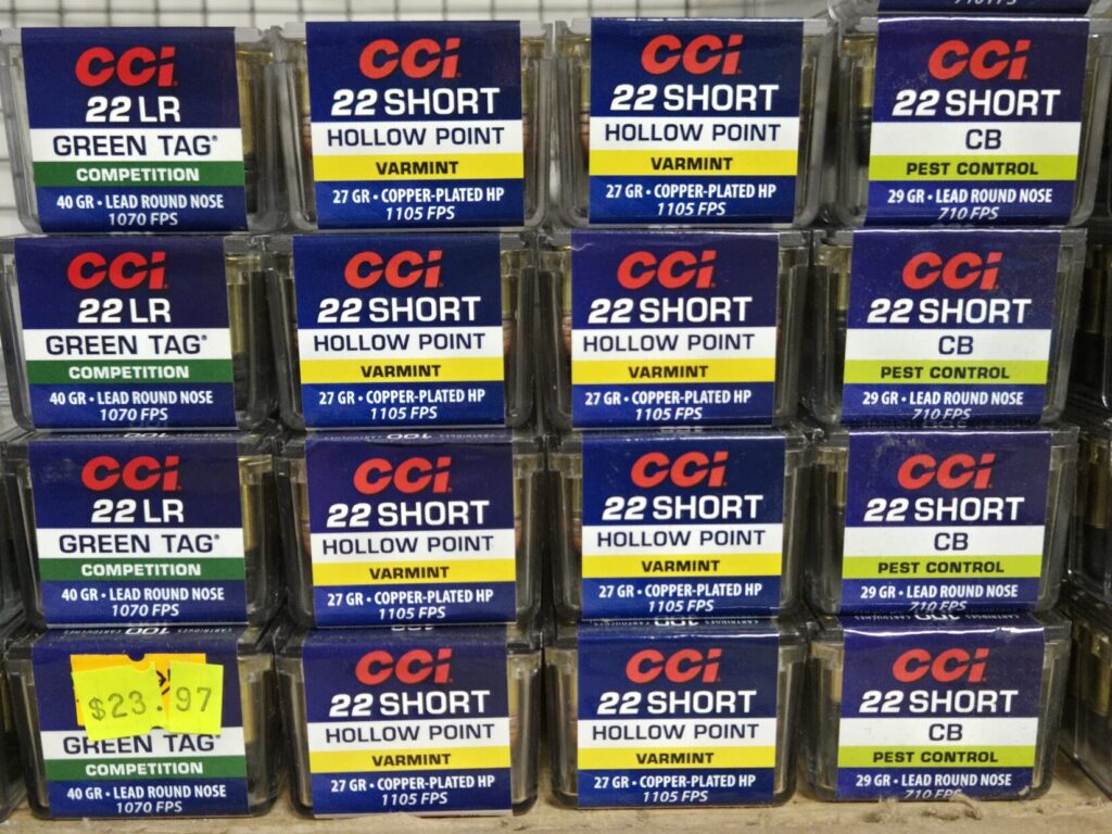 22 LR ammunition in boxes on a shelf