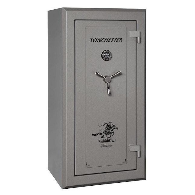 Large silver gun safe with a three-spoke handle and digital keypad.
