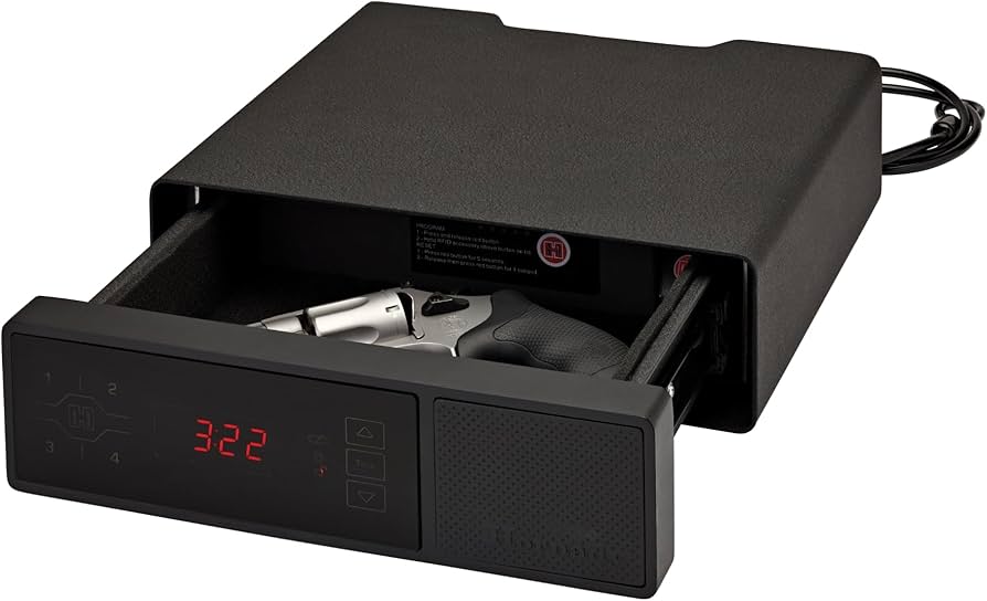 Hornady RAPid Night Guard: Digital clock bedside safe with a drawer open revealing a revolver.