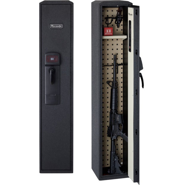 Hornady RAPid Safe Ready Vault: Open tall gun cabinet showing an organized rifle and handgun.