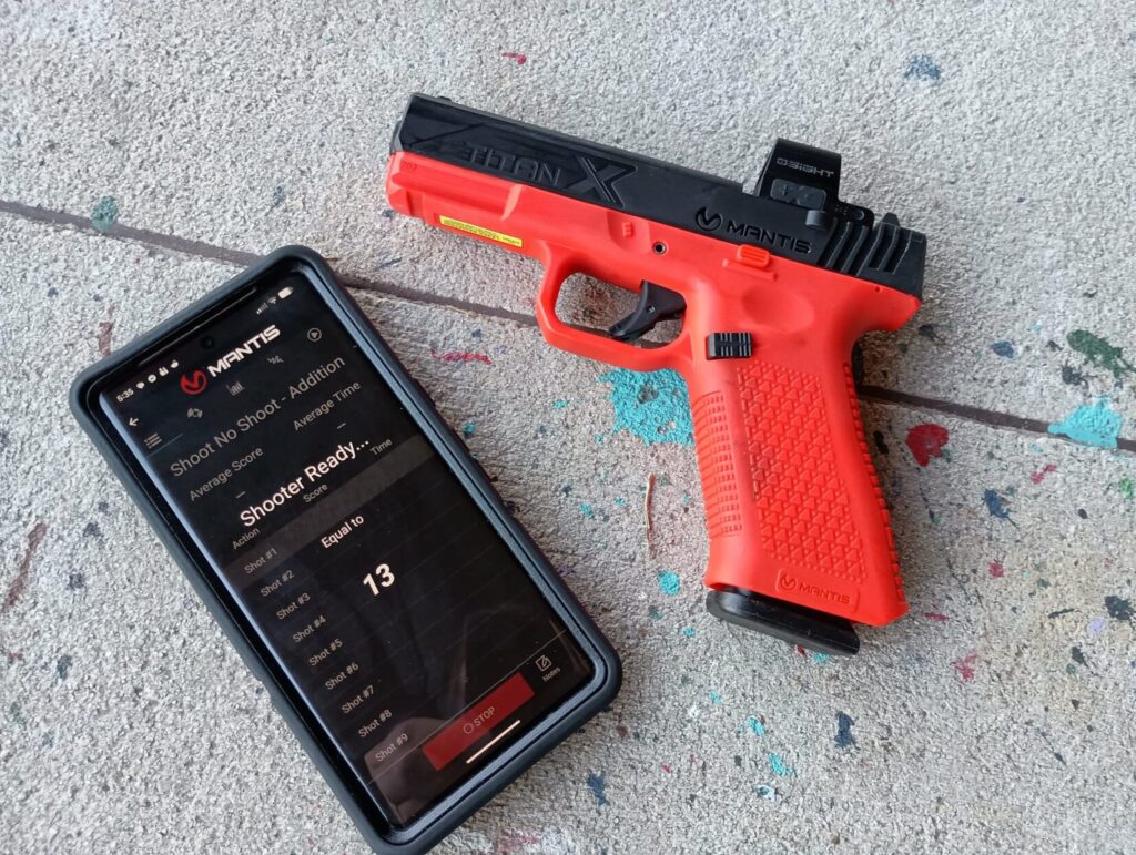 A close-up of the Mantis app screen showing instructions for the "Shoot No Shoot - Addition" drill.