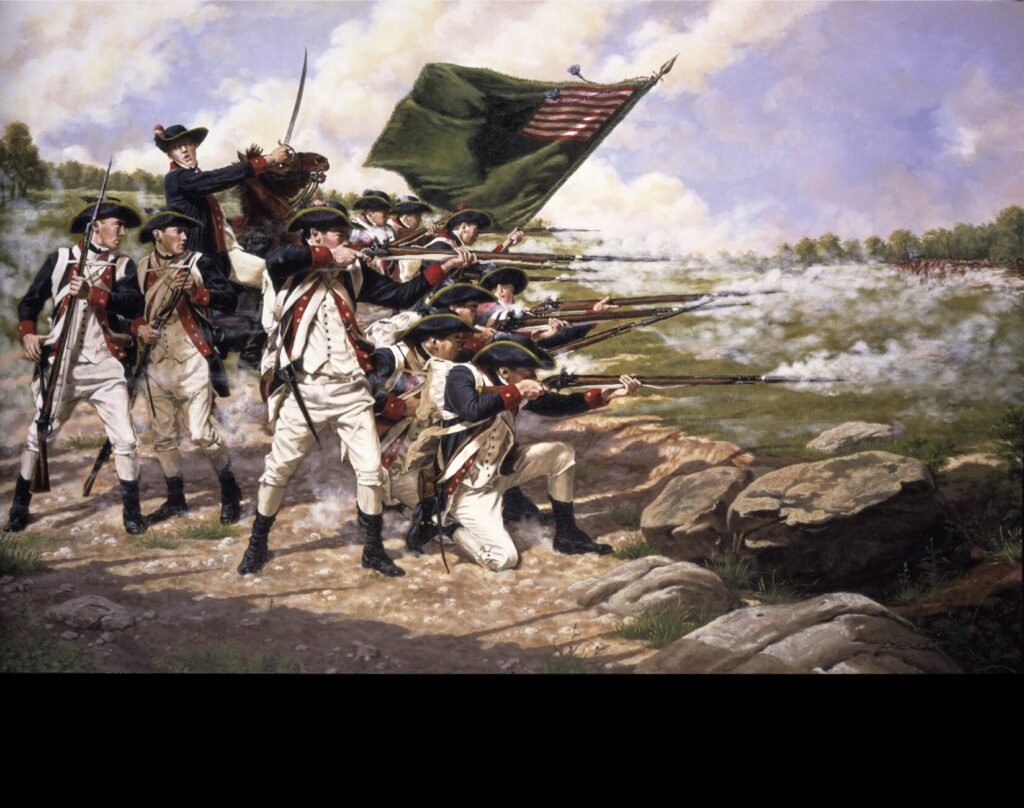 The Battle of Long Island, a National Guard Heritage Painting by 21st-century artist Domenick D'Andrea that was created for the National Guard Bureau. The painting depicts the Delaware Regiment at the Battle of Long Island on August 27, 1776. (Image: U.S. Army National Guard)