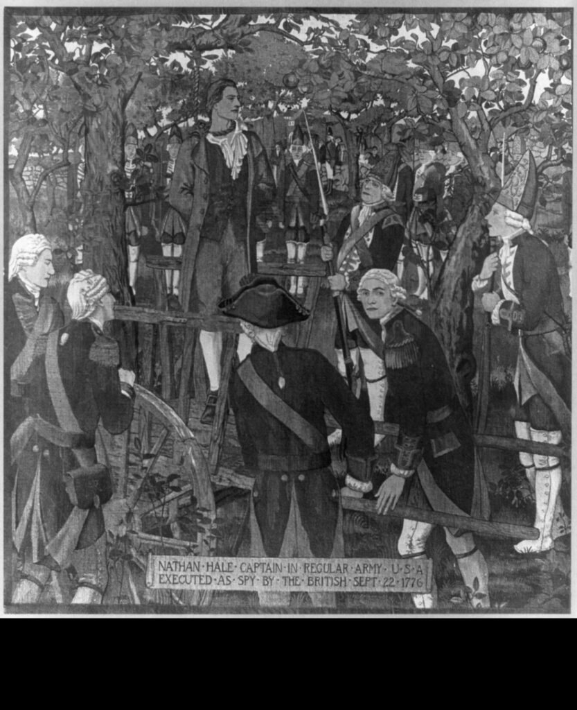 Nathan Hale, Captain in the regular army, U.S.A., executed as a spy by the British, September 22, 1776. Reproduction of mural painting by Albert Herter, Library of Congress Prints and Photographs Division, Washington, D.C. (Public domain)
