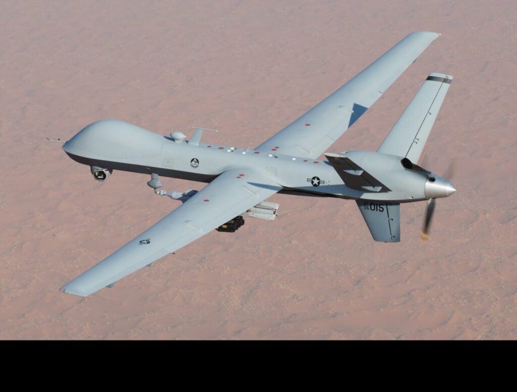 A General Atomics MQ-9 Reaper unmanned aerial vehicle (UAV) flies a combat mission over southern Afghanistan in 2008. The Reaper is designed for both intelligence, surveillance, target acquisition, and reconnaissance (ISTAR) and drone strike missions. (Lt. Col. Leslie Pratt. U.S. Air Force)