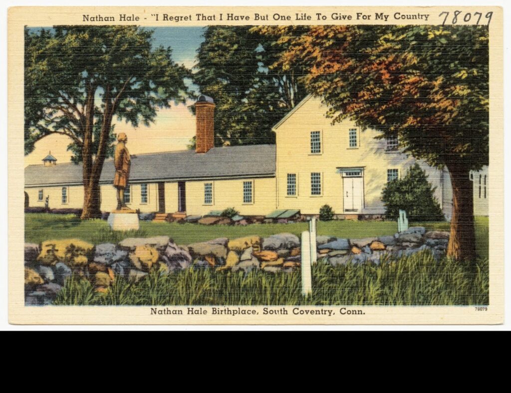 Nathan Hale’s birthplace in South Coventry, Connecticut. Postcard published by Tichnor Brothers between approximately 1930 and 1945. (Image: Boston Public Library, Tichnor Brothers Collection #89079)