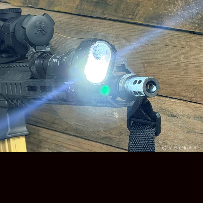 The Streamlight IR PRO light turned on, showing the light come from one side of the light head.