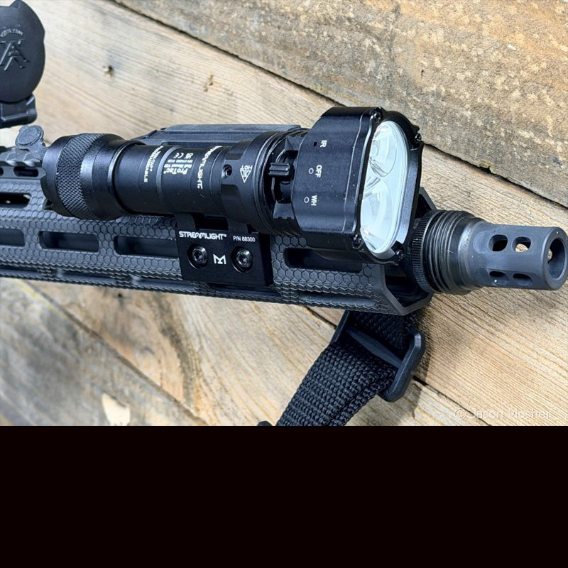 A close up view of the Streamlight VIR PRO light attached to the MK1 rifle. 
