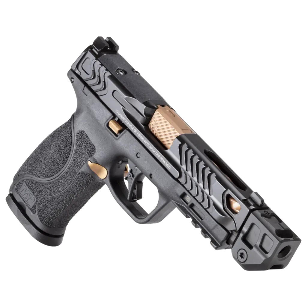 Black M&P pistol on a white background.