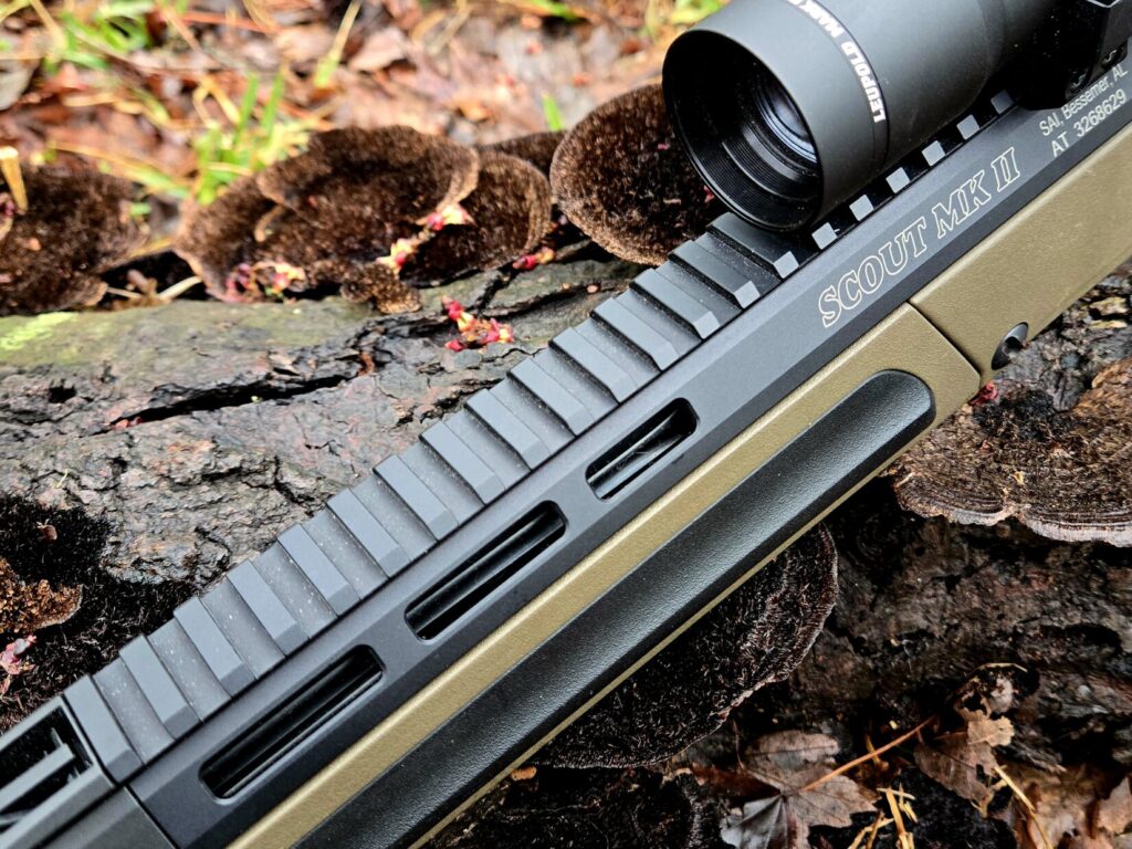 A picatinny rail on a Scout rifle resting against a forest background