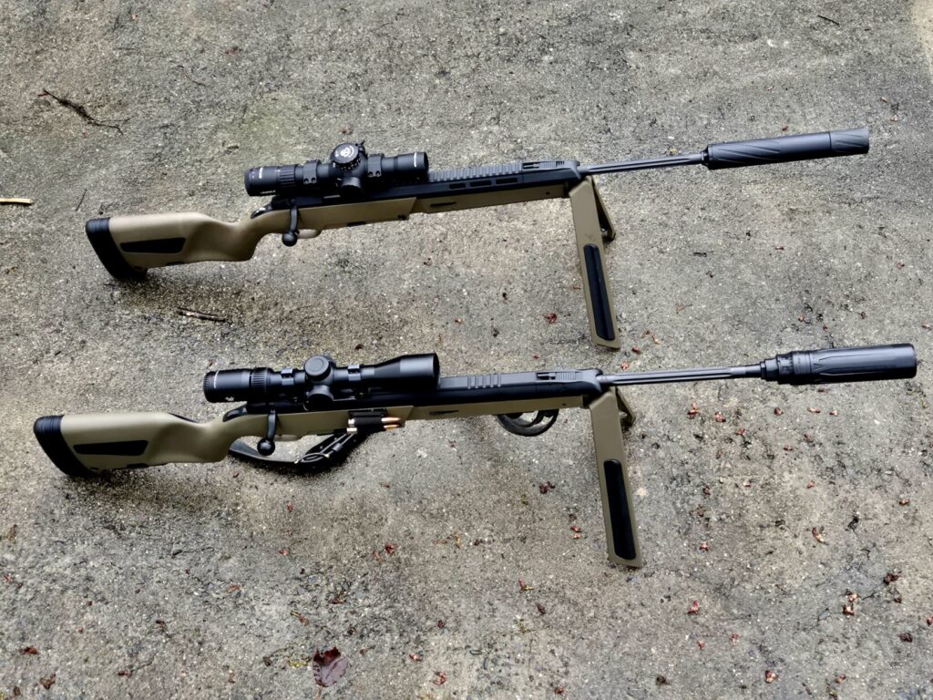 Scout rifles with integrated bipods and traditionally mounted optics