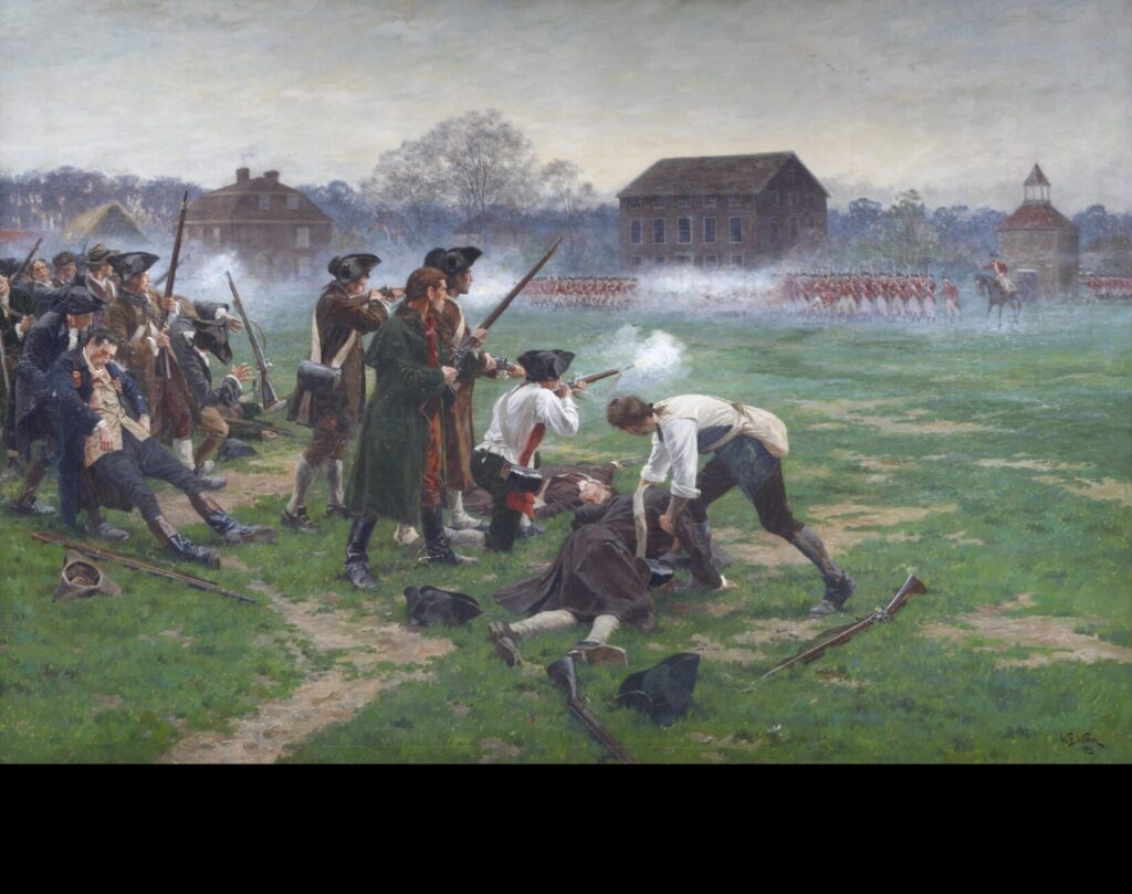 The Battle of Lexington by William Barnes Wollen, 1910 — Oil on canvas. This painting portrays the opening clash of the American Revolutionary War, fought in 1775 between British regulars and Patriot militia from the Thirteen Colonies (Collection of the National Army Museum)