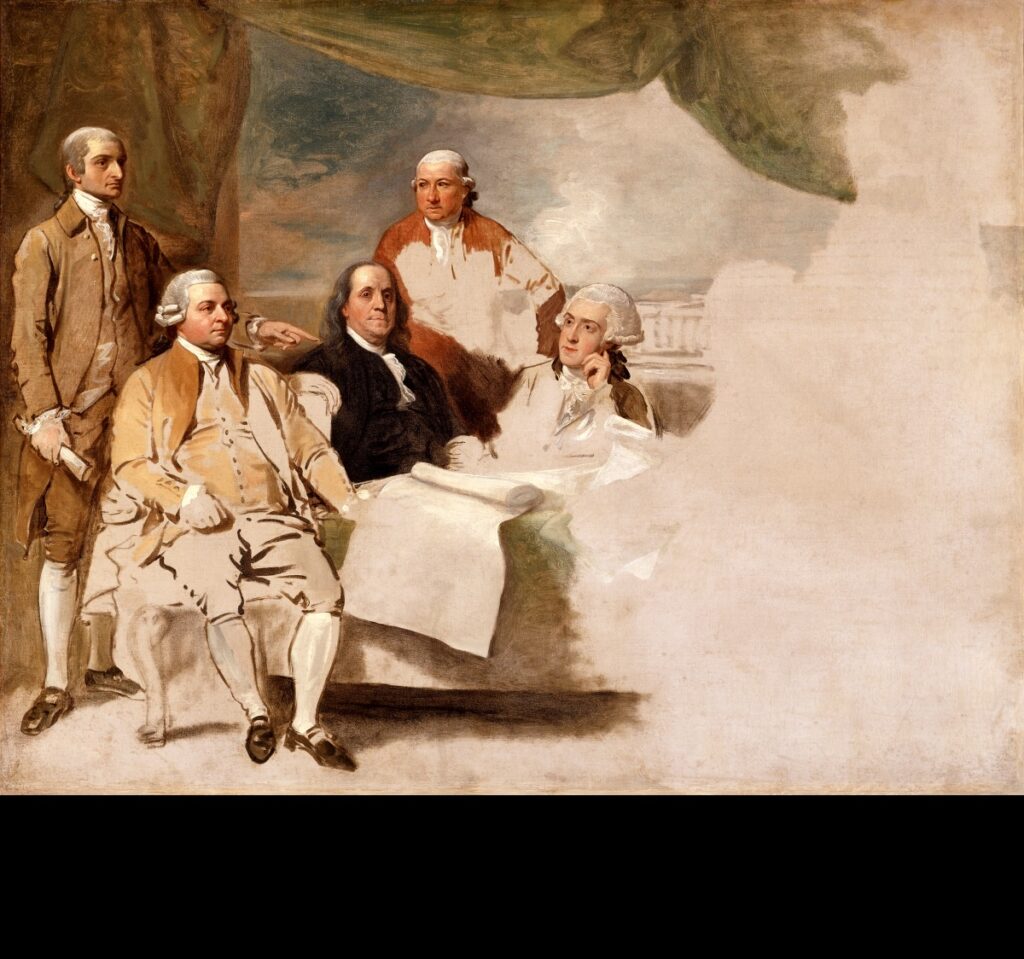 Treaty of Paris, 1783. Unfinished portrait by Benjamin West depicting the American delegation—John Jay, John Adams, Benjamin Franklin, Henry Laurens, and William Temple Franklin. The British delegation declined to pose, and the painting was never completed. Collection of the Whitworth Art Gallery. (Public domain)