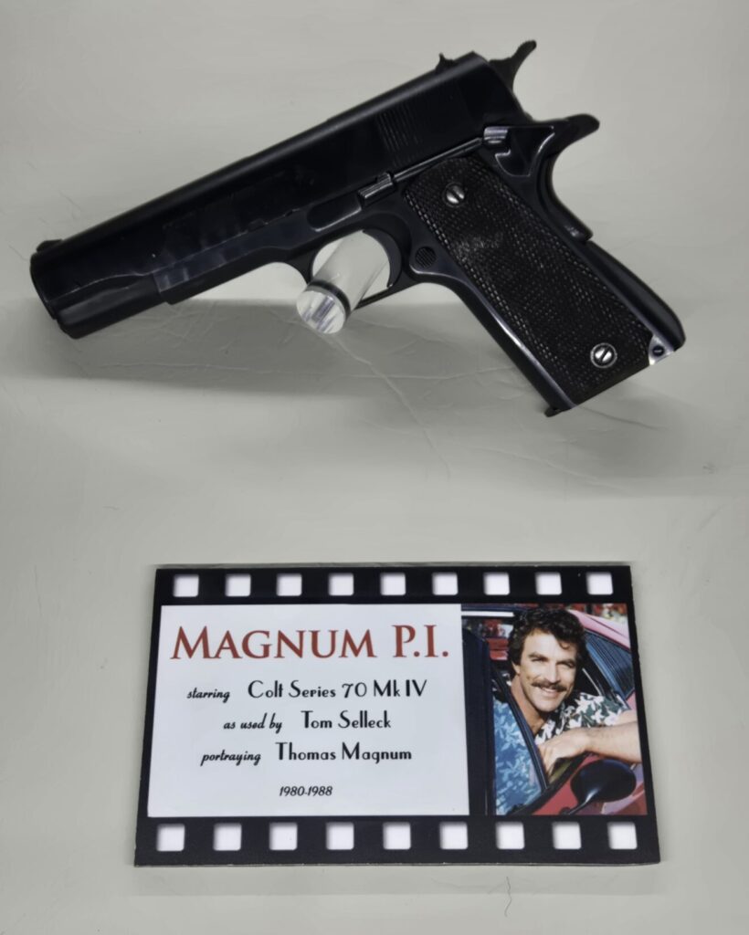 The 1911 used on screen by Tom Selleck in the series Magnum PI on display at the Great American Outdoor Show.