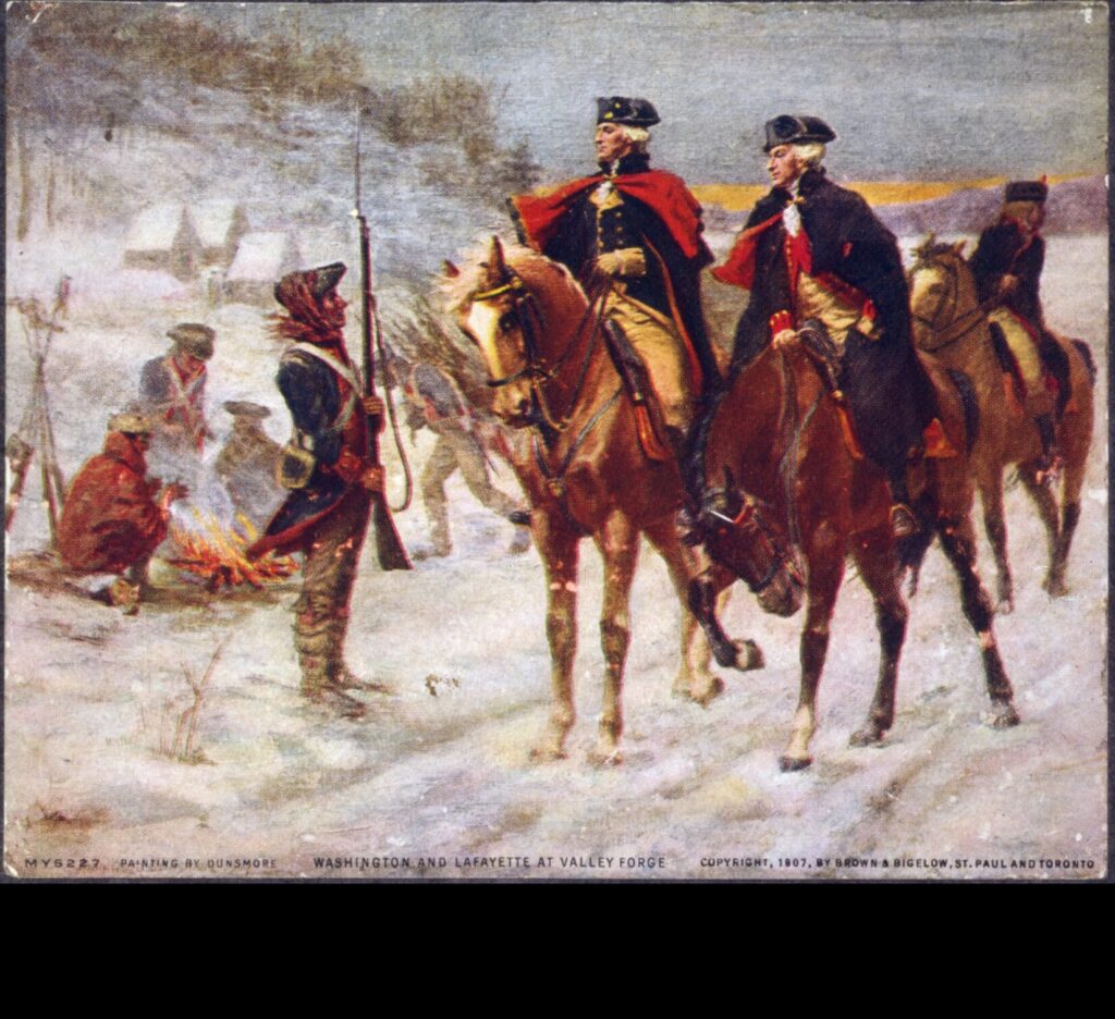 George Washington and LaFayette at Valley Forge, depicted in a 1907 painting by John Ward Dunsmore. (Library of Congress)