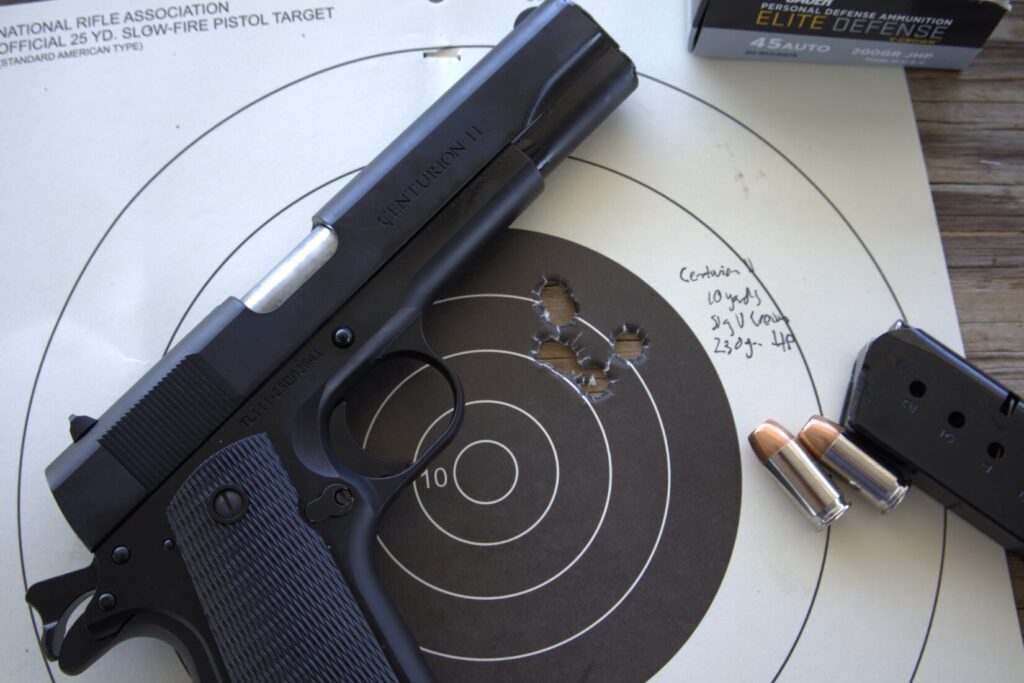 centurion 11 accuracy test with a paper target and a box of ammunition