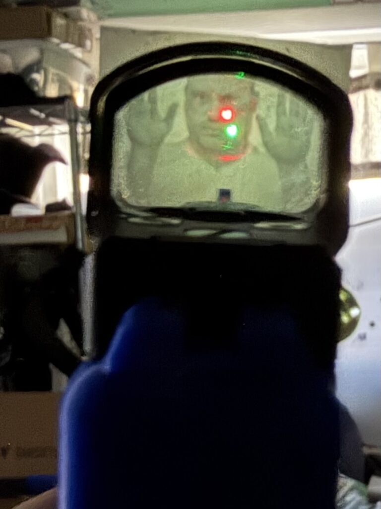 Mounted leupold delta point pro that had a 25 yard zero (on a live G45) to the laser trainer shows the poi difference, which is not adjustable on the grip keeper