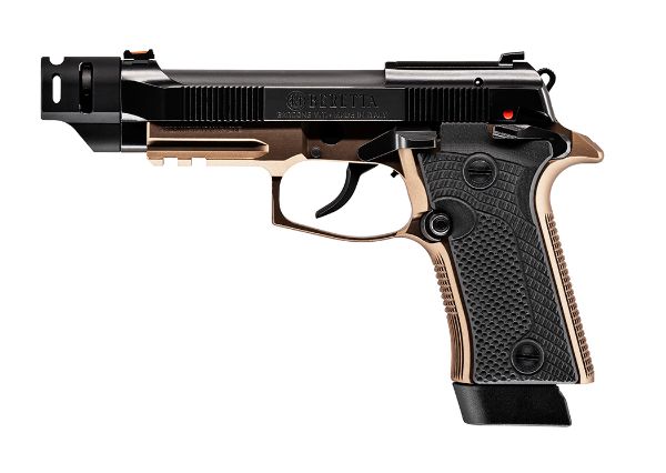 Black and bronze pistol on a white background.