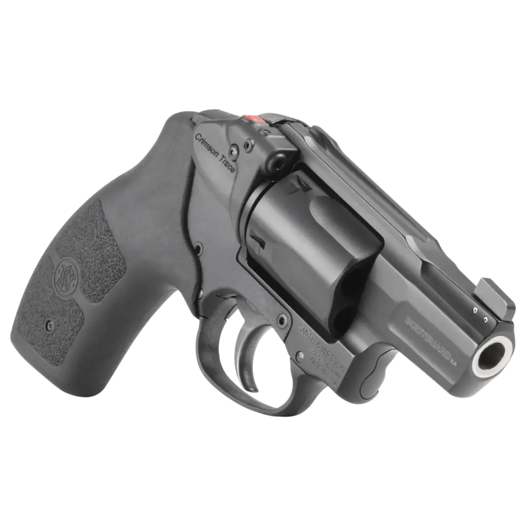 Black revolver on a white background.