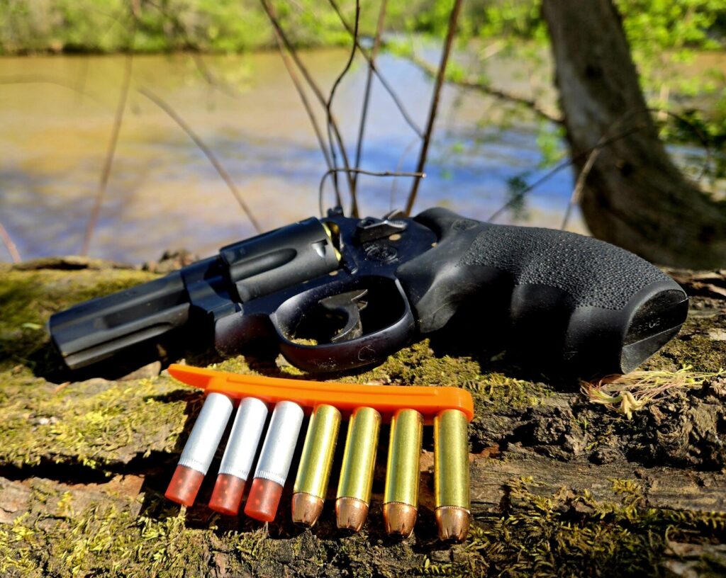 A speedloader with multiple rounds and a revolver on a log in a river setting