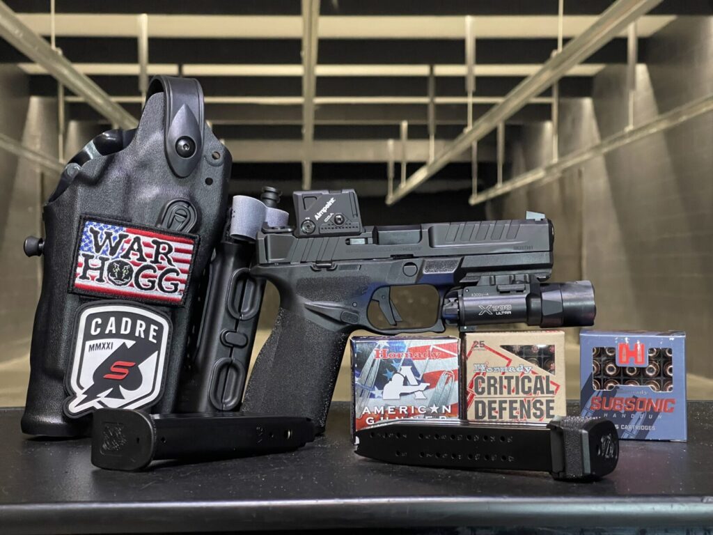 Pictured is the Springfield Armory Echelon with Aimpoint COA with various Hornady ammo and a Safariland holster