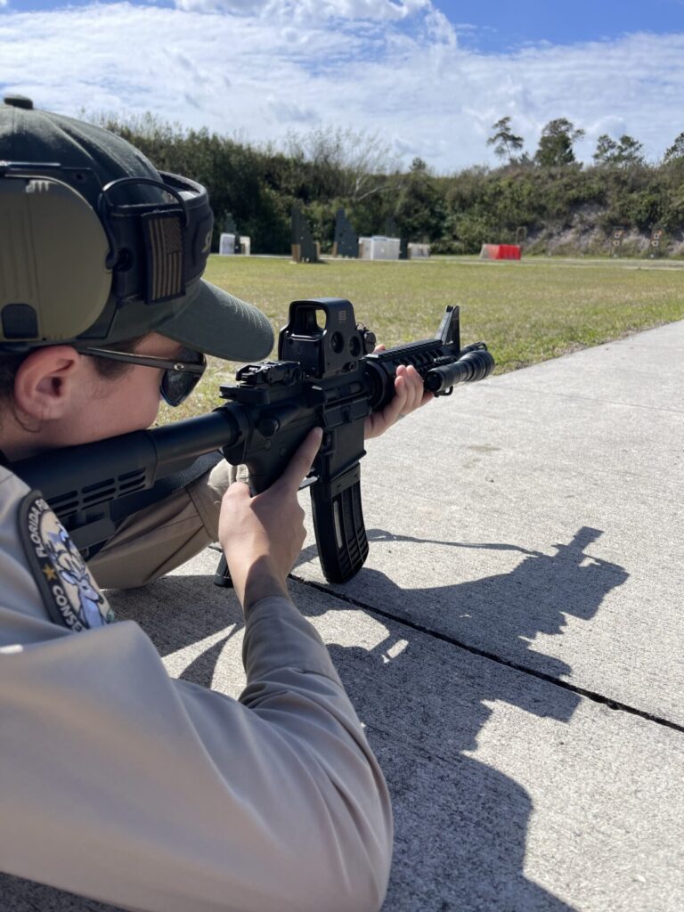 A Florida law enforcement officer is working on the prone firing position during a War HOGG Tactical law enforcement patrol rifle course.