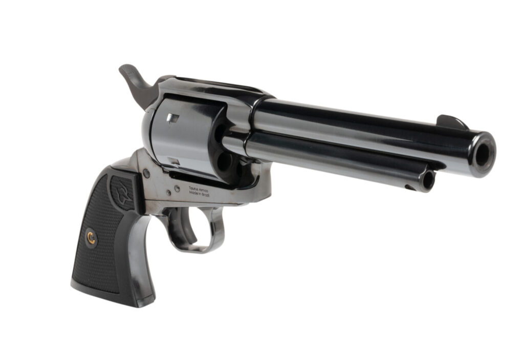 Black revolver on a white background.