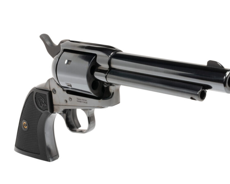 Black revolver on a white background.