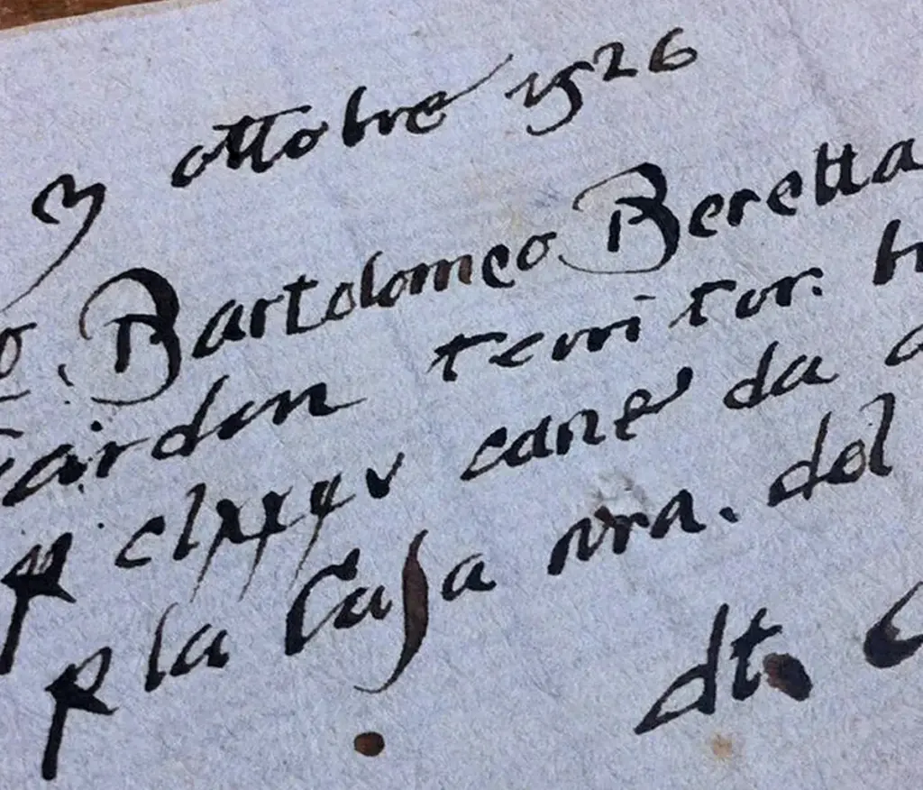 The handwritten October 3, 1526, invoice from Bartolomeo Beretta to the Republic of Venice for 185 arquebus barrels.