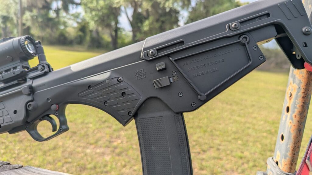 detailed view of the RDB-S's unique featureless grip and survival-style stock, showing the KelTec branding.