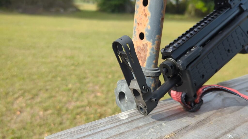 A close-up of the RDB-S muzzle showing the unique folding hooded front sight in the upright position.