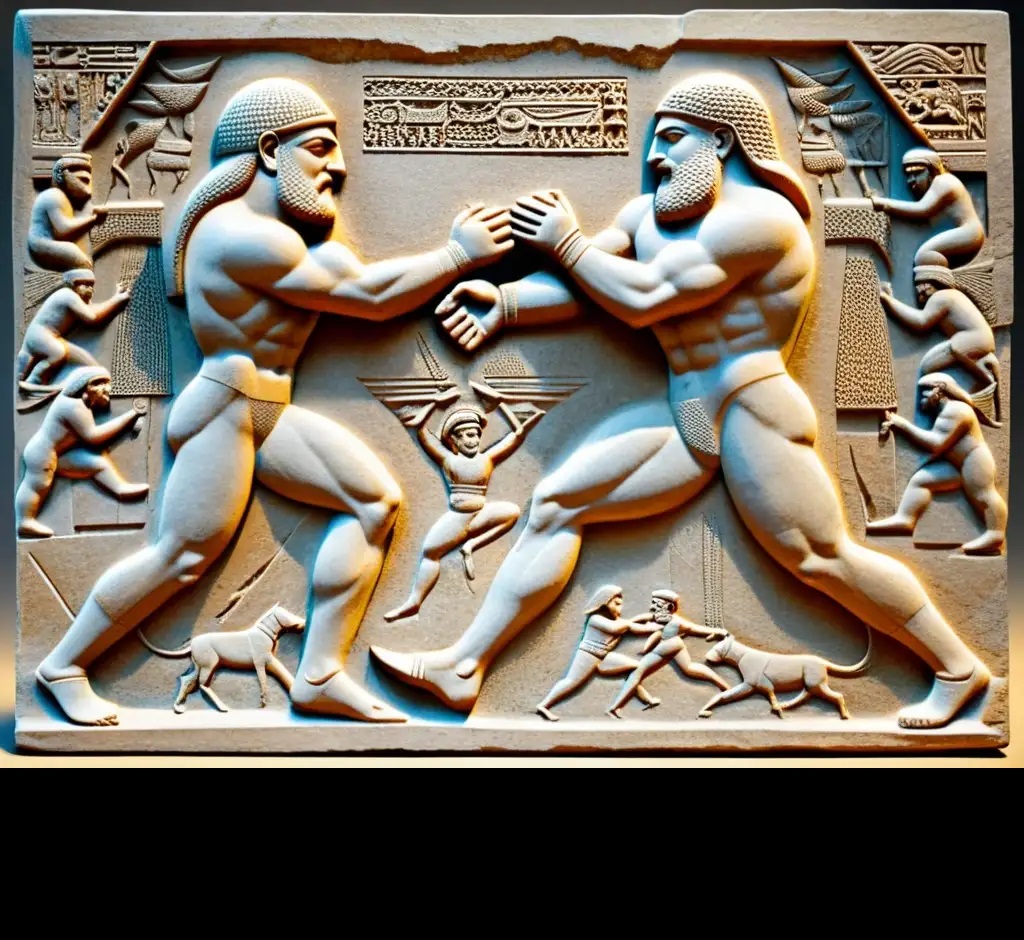 mesopotamian relief sculpture of assyrian warriors engaging in close-quarters combat