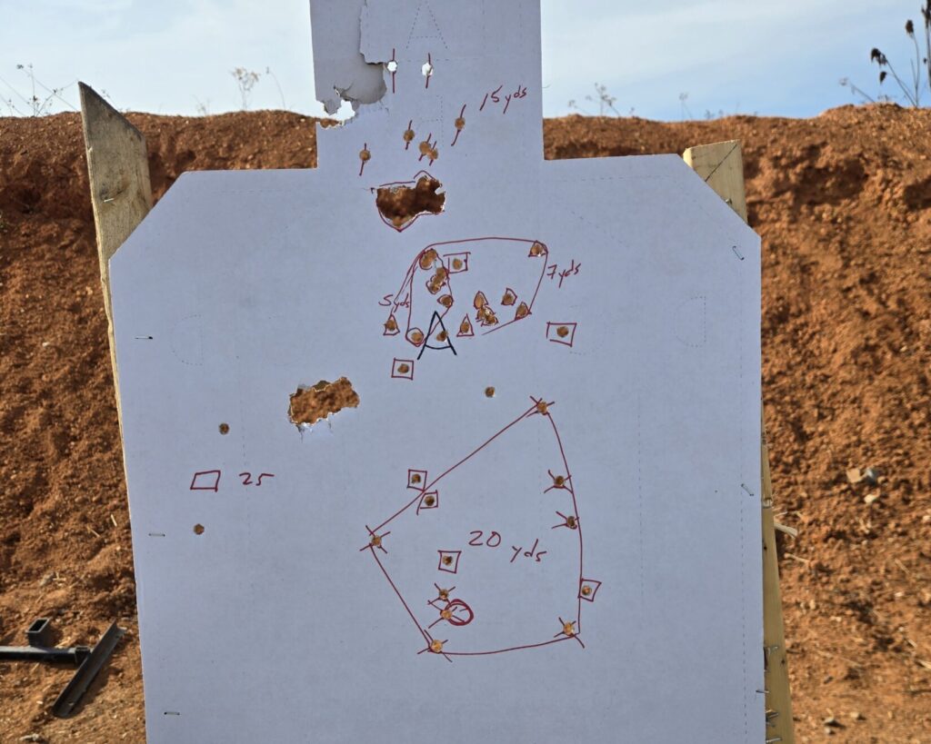 A target with multiple buckshot holes in it