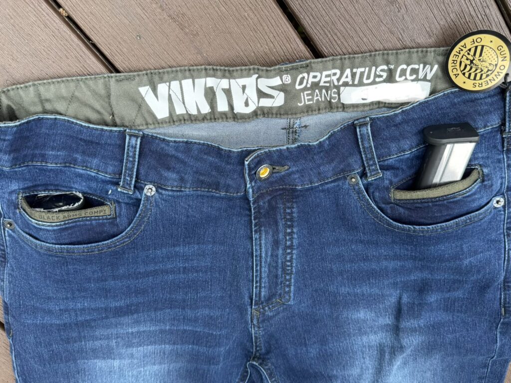 Viktos CCW Jeans demonstrating the integrated pistol magazine pockets in the left and right front pockets.