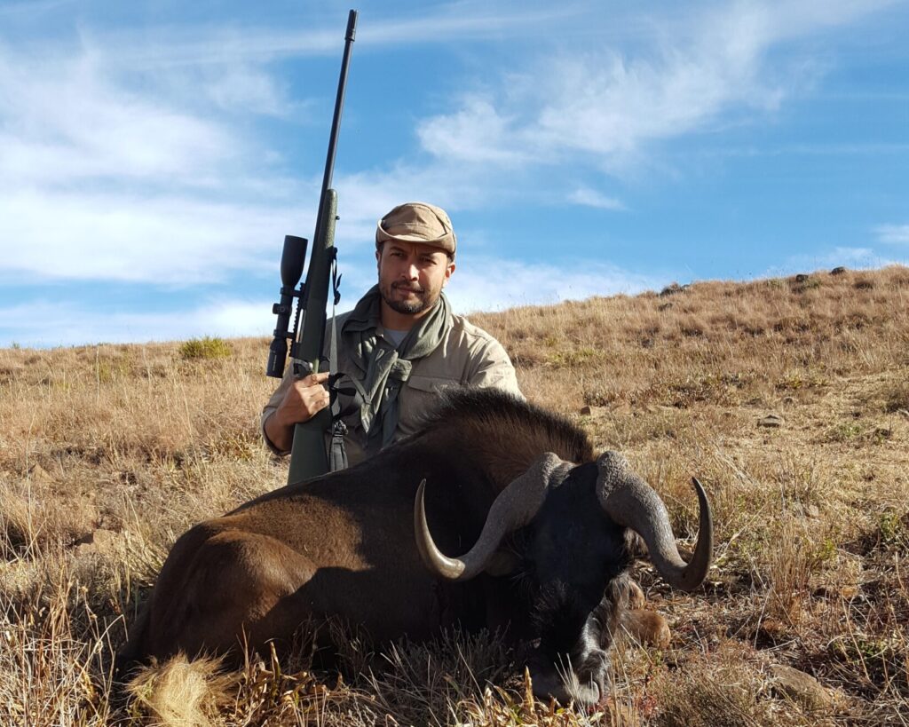 A man in the field with a wildebeest and rifle