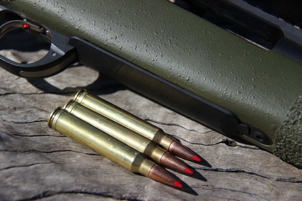 Three rifle cartridges next to the floorplate of a rifle.
