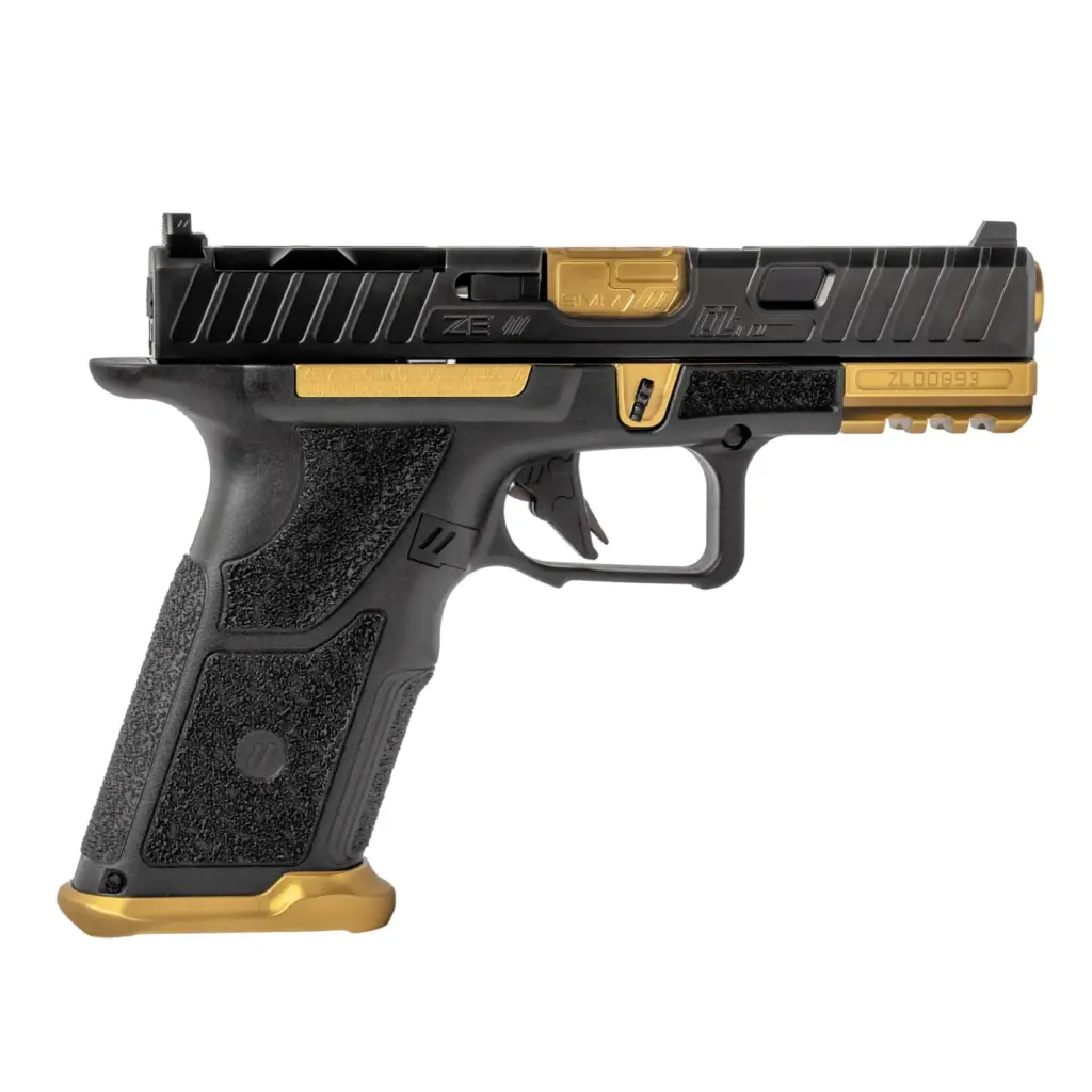 Black and gold pistol on a white background.