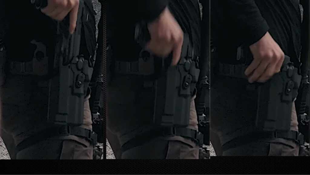 Pictured is a student of another firearms training company negligently discharging his pistol while reholstering.