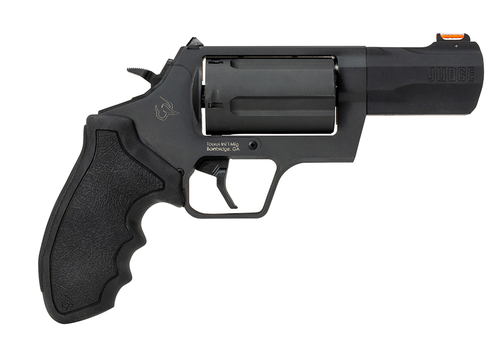 Black revolver on a white background.