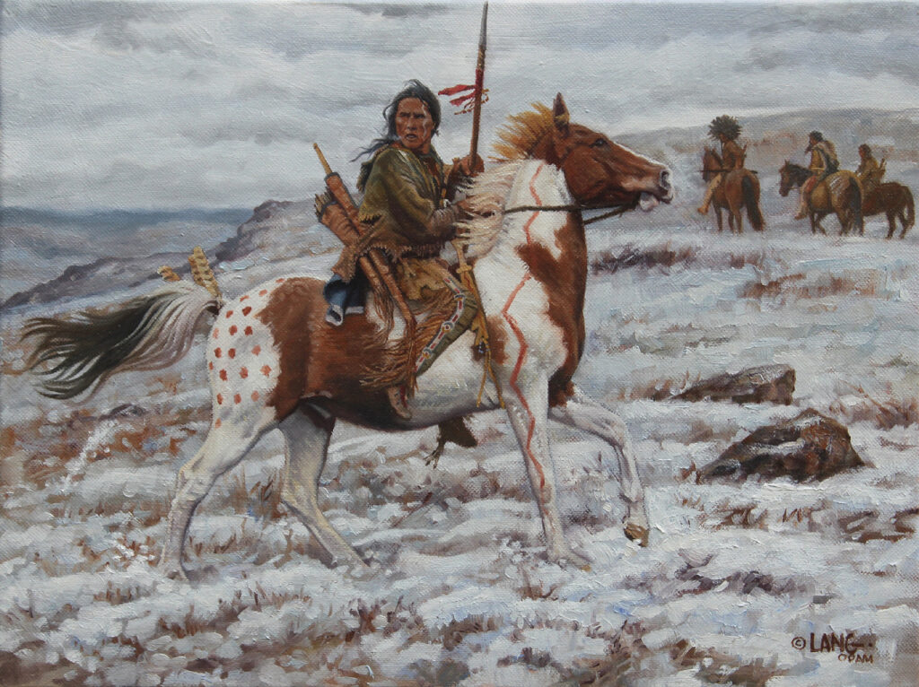 Oil painting of Crazy horse and other warriors luring Capt Fetterman into an ambush. Crazy Horse sits atop a brown and white pony, holding a spear, looking back over his shoulder with a look of serious concern.