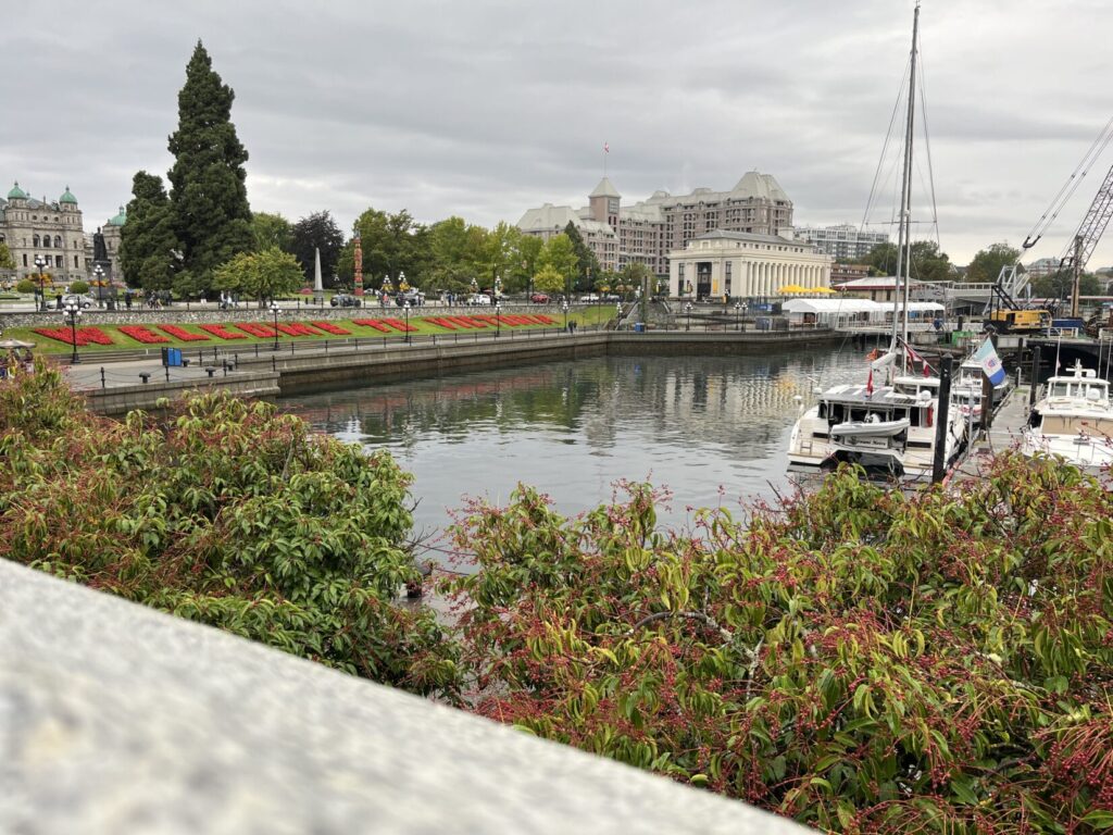 Image of the waterfront in Victoria on Vancouver Island. A sailboat is on the right and red flowers on the grass bank spell out WELCOME TO VICTORIA.