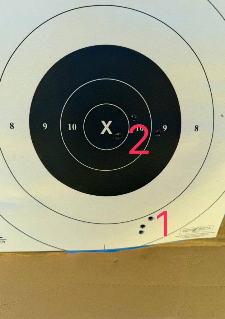 The first 3-shot group while zeroing measured 1" and the second 1.5". Not bad for a reticle with a 1.4 MOA center dot.