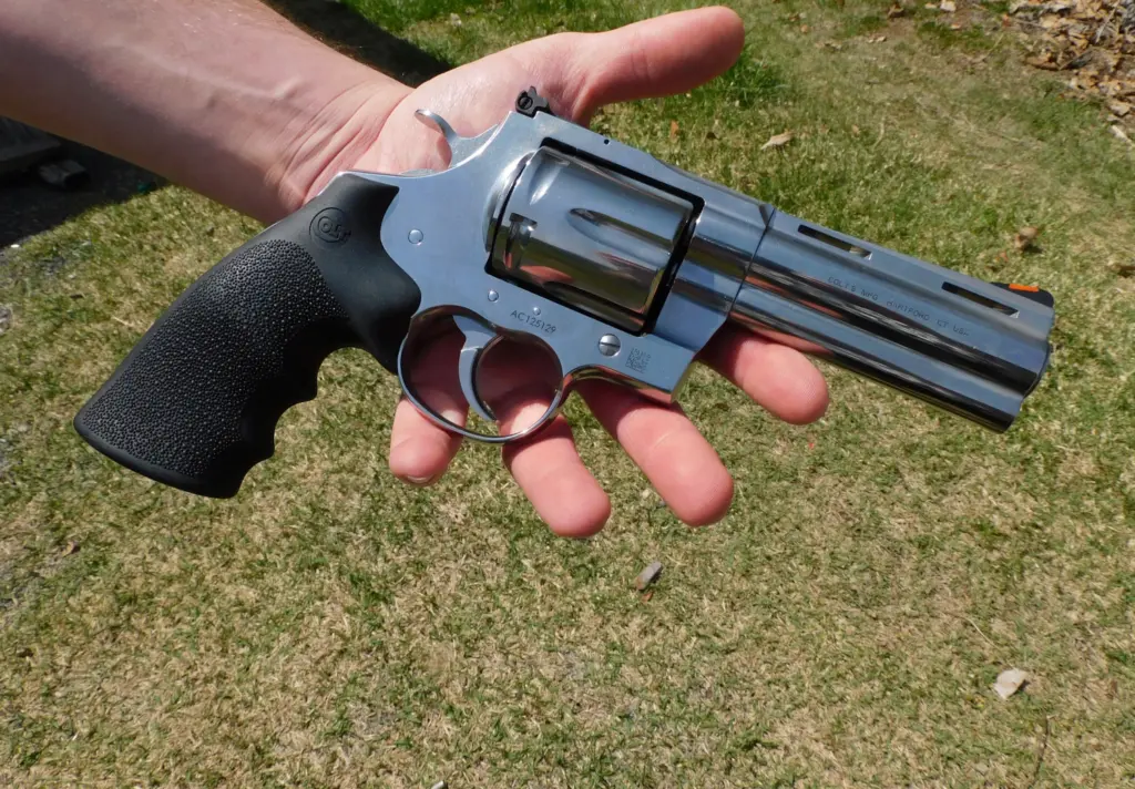 Man holding a Colt Anaconda revolver flat on his palm