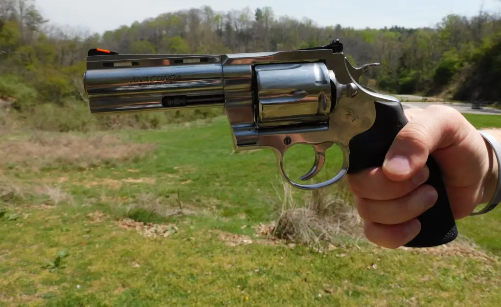Man's hand holding a Colt Anaconda revolver