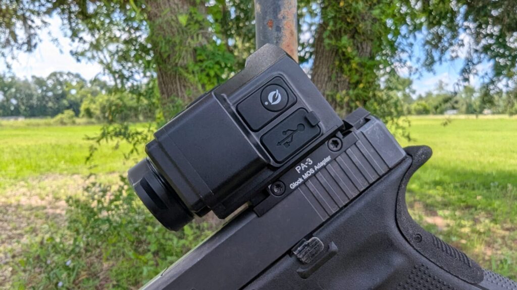 Close-up left profile of the Mars Mini micro thermal unit mounted to a handgun slide utilizing a "PA-3 Glock MOS Adapter.