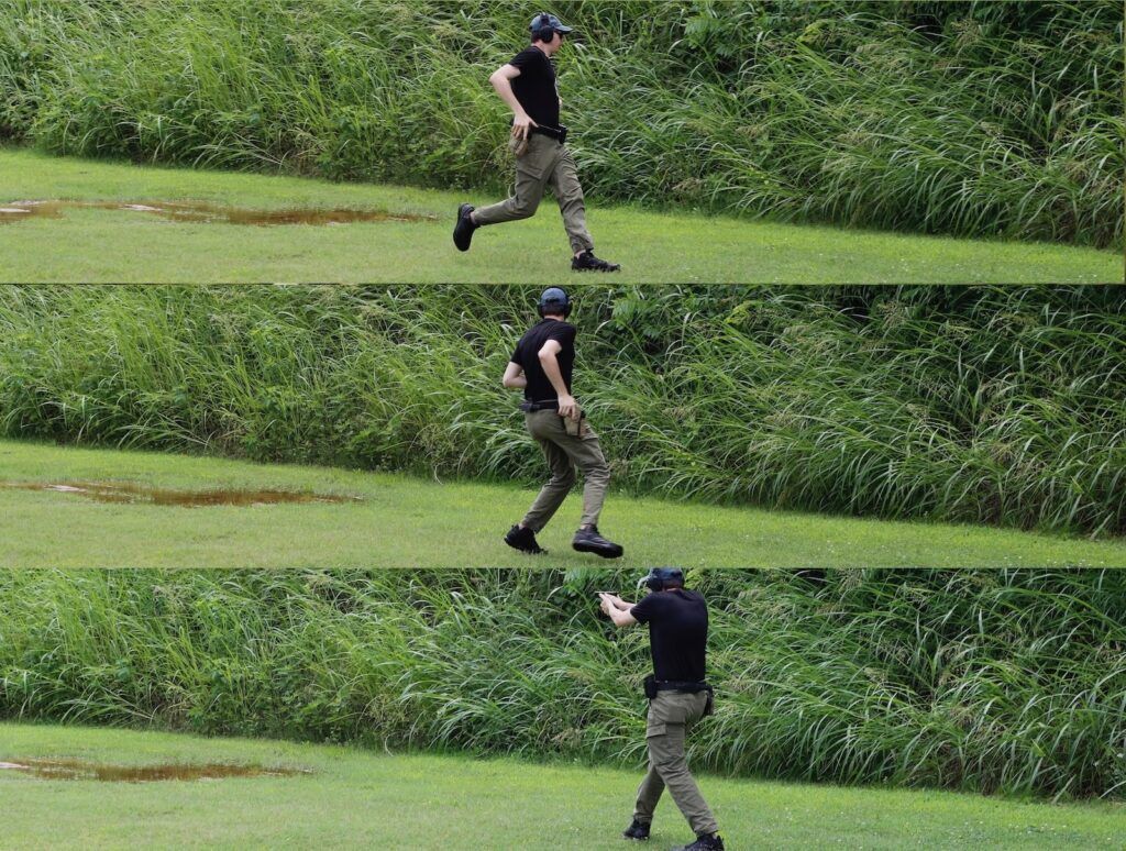 A shooter running a move-and-shoot drill across a U-shaped bay, firing three shots from six positions