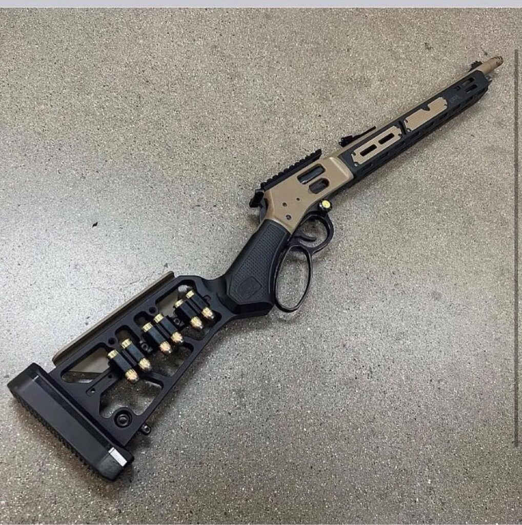 A lever gun equipped with a modernized stock and forend