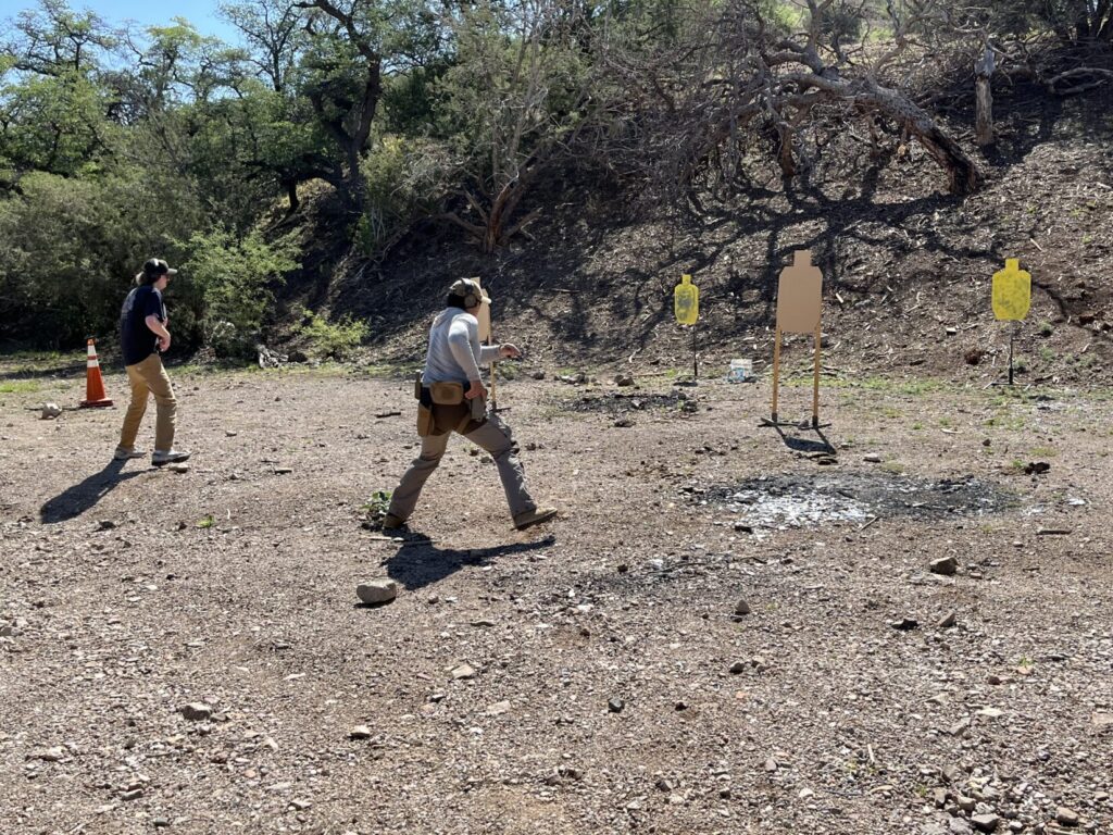 Shooters step right to get a clear line of fire on the target they are supposed to engage.