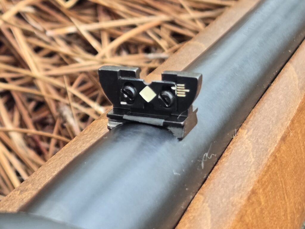 A rear notch of a rifle sight with pine straw in the background