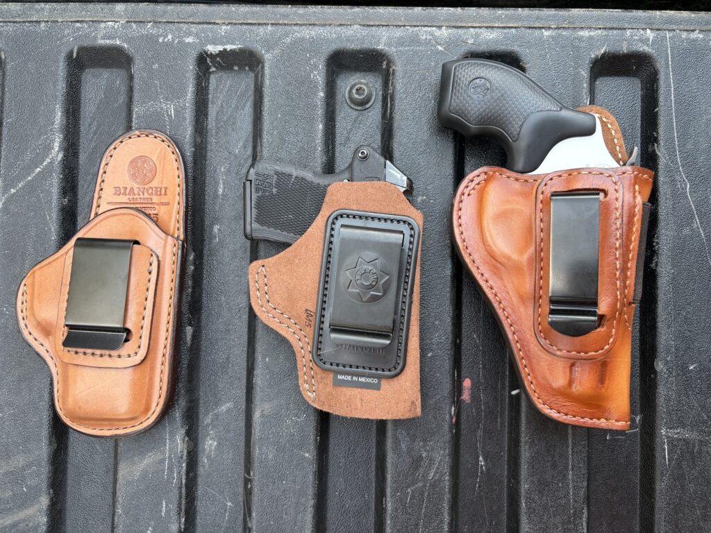 The Bianchi Model 101 and Model 6 (far left and middle) are made for the J-Frames, but I only have them for the P3AT. The holster on the right is a prototype from Radar. 