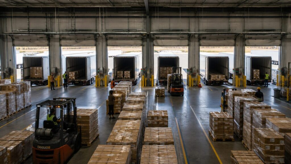Busy Ammunition Depot loading dock with trucks - AmmoVault